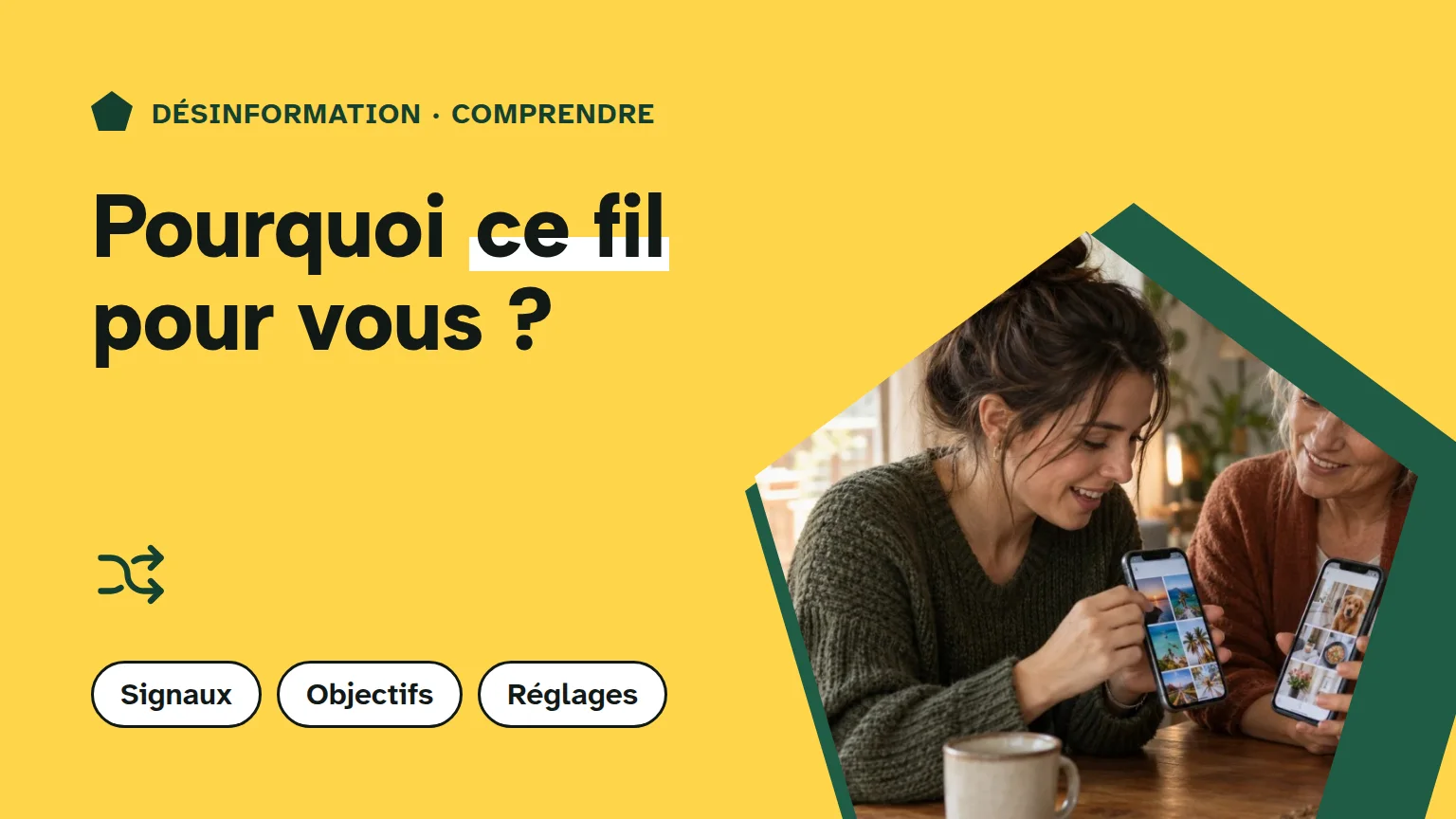 Couverture « Pourquoi ce fil pour vous ? » : deux adultes comparent leurs fils de publications sur leurs téléphones autour d’une table.