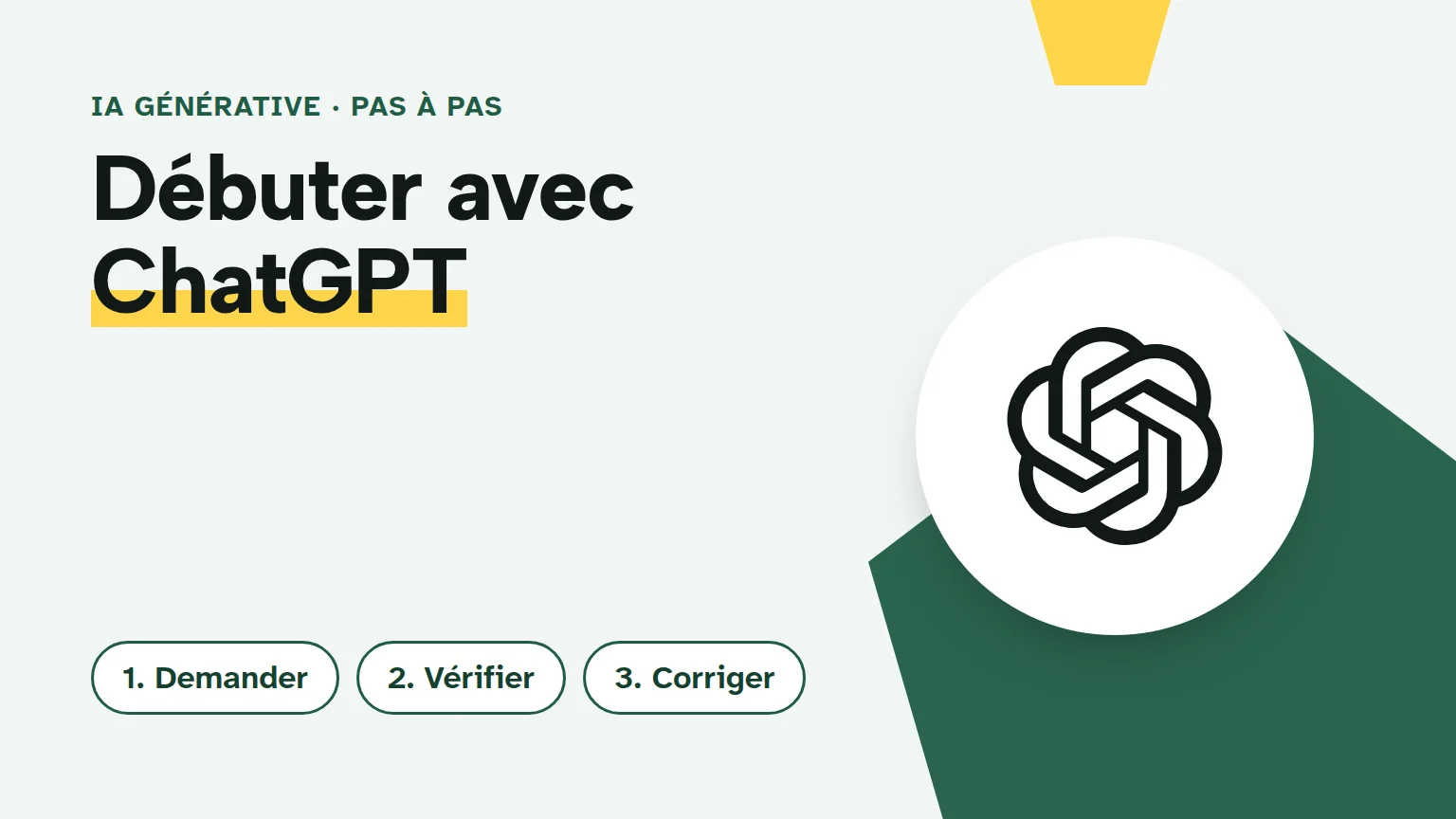 Le logo d'OpenAI et les trois étapes pour débuter avec ChatGPT : demander, vérifier, corriger