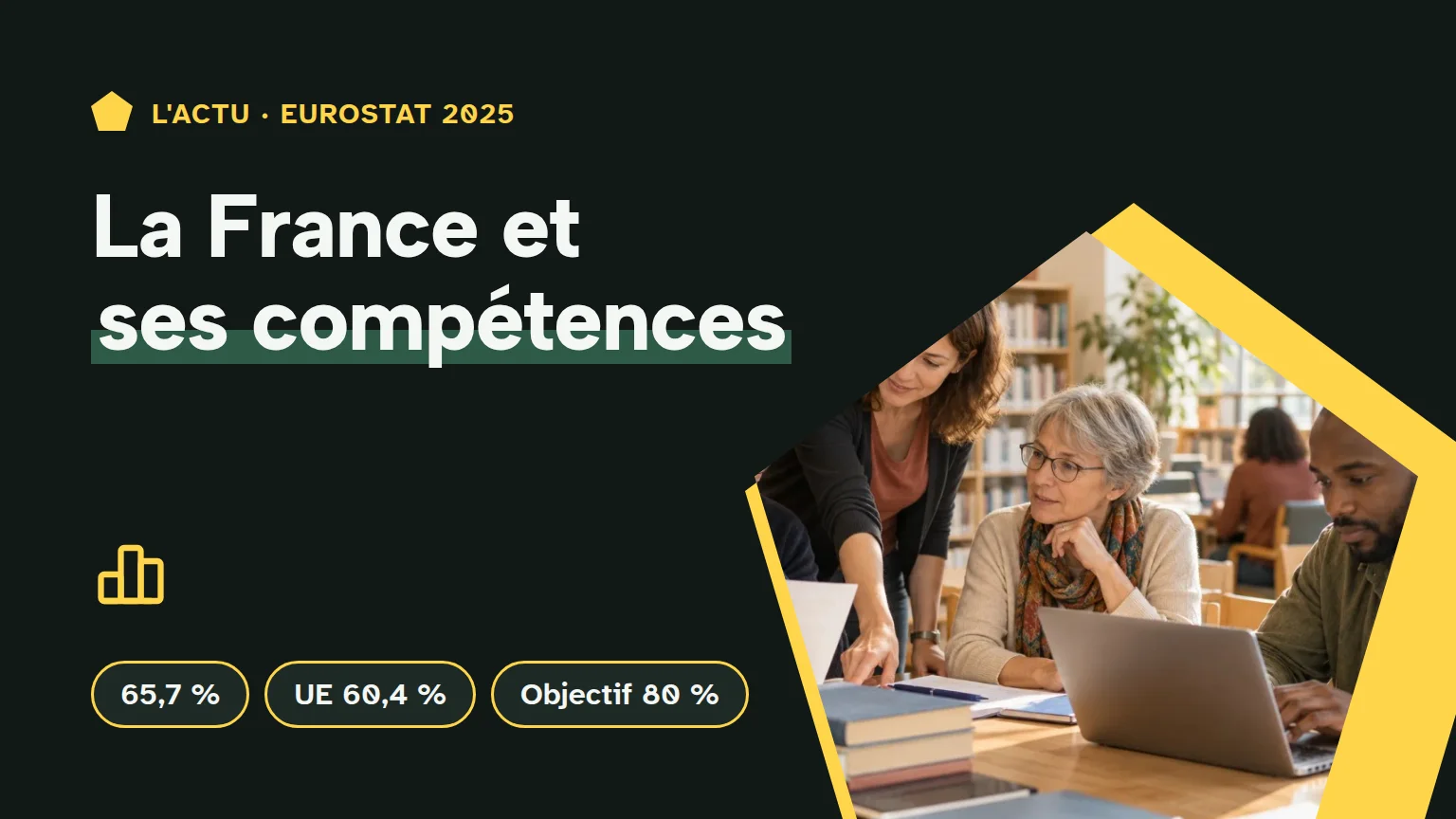 Couverture « La France et ses compétences » : des adultes travaillent sur des documents numériques avec une formatrice dans une médiathèque.