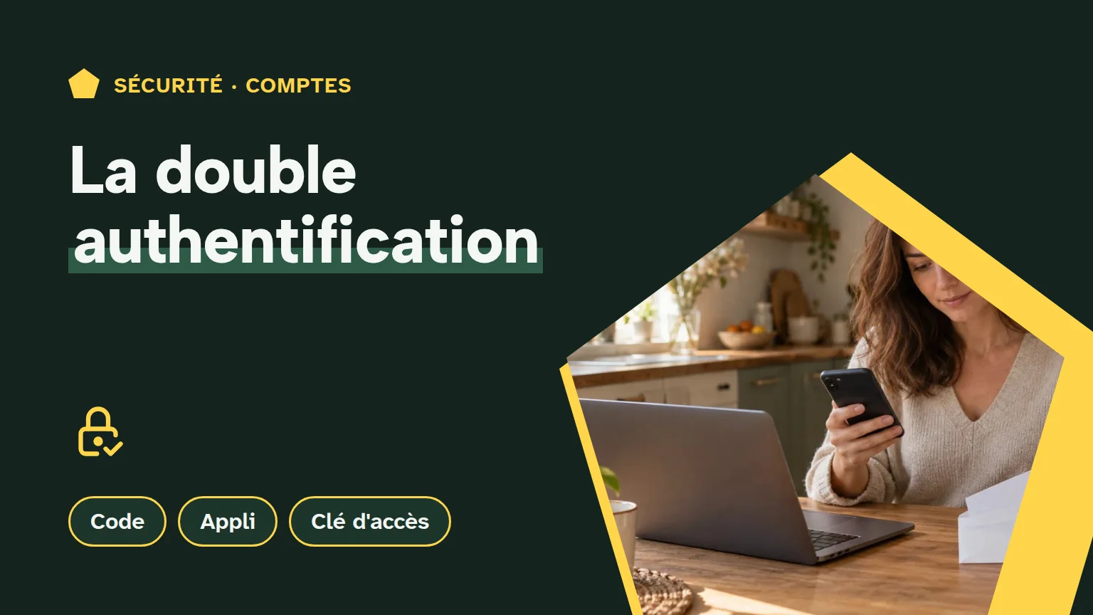 Couverture « La double authentification » : une adulte prépare son téléphone et une enveloppe de secours devant un ordinateur dans sa cuisine.