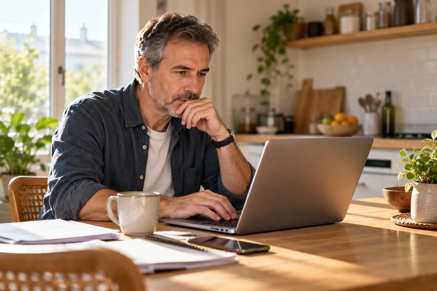 Un homme à sa table de cuisine effectue une démarche administrative en ligne sur son ordinateur portable.